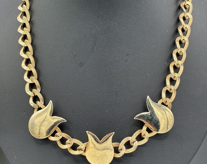Vintage Tara Gold Tone Tulip Station Textured Curb Link Necklace Ball Toggle
