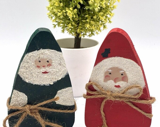 Set of 2 Primitive Wooden Santa Shelf Sitters Rustic Folk Art Christmas Decor 5”