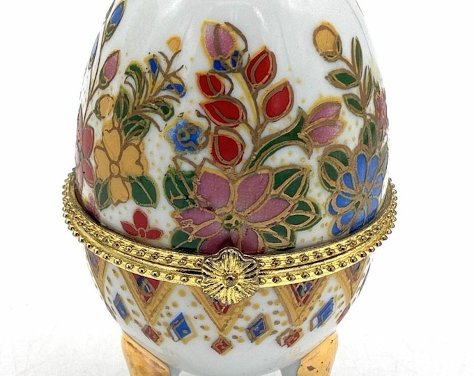 Vintage Porcelain Egg Trinket Box Floral Gold Footed 4”