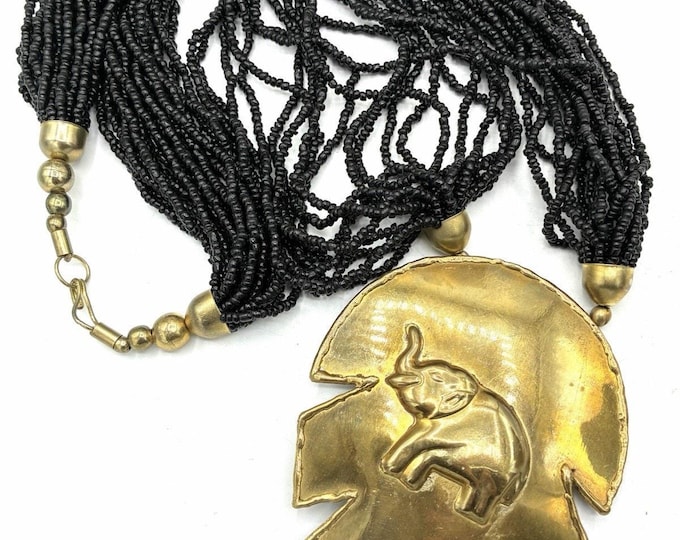 Elephant Pendant Necklace Black Multi Strand Beaded 4” Gold Tone Statement