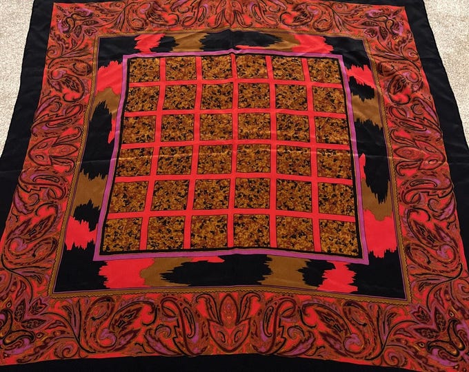 Vintage Red Black Brown Paisley Geometric Scarf 34x35 Square 1980s 1990s