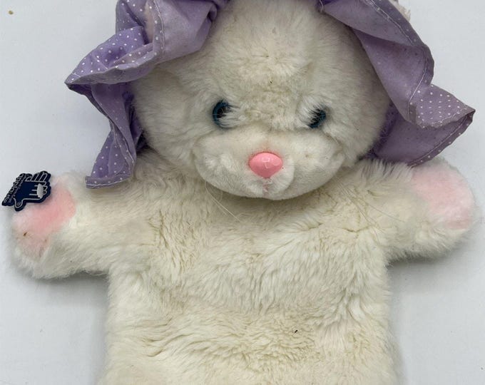 Applause Vintage White Cat Purple Polka Dot Bonnet Plush Hand Puppet 1985