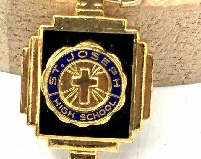 St Joseph High School Charm Pendant Gold Tone Black Blue Enamel Cross Deco