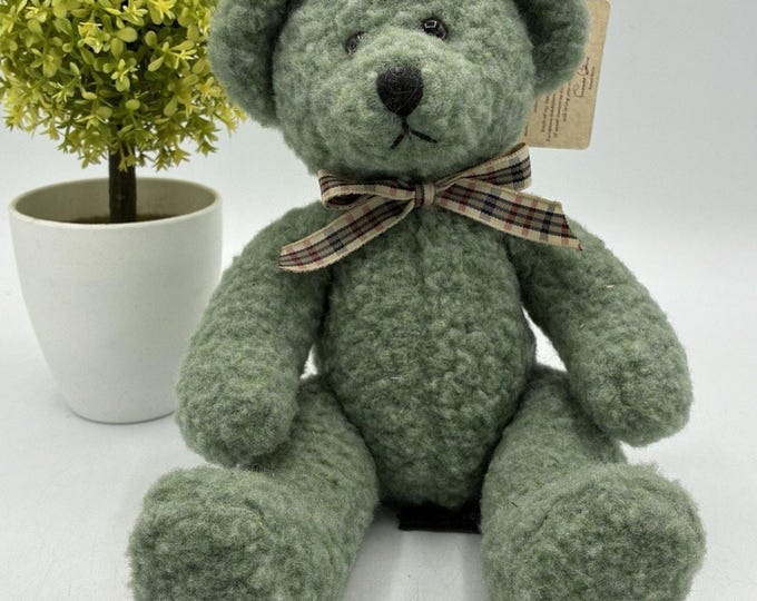 Vintage Russ Berrie Frizzlin Teddy Bear Sage Green Plush Plaid Bow Tag