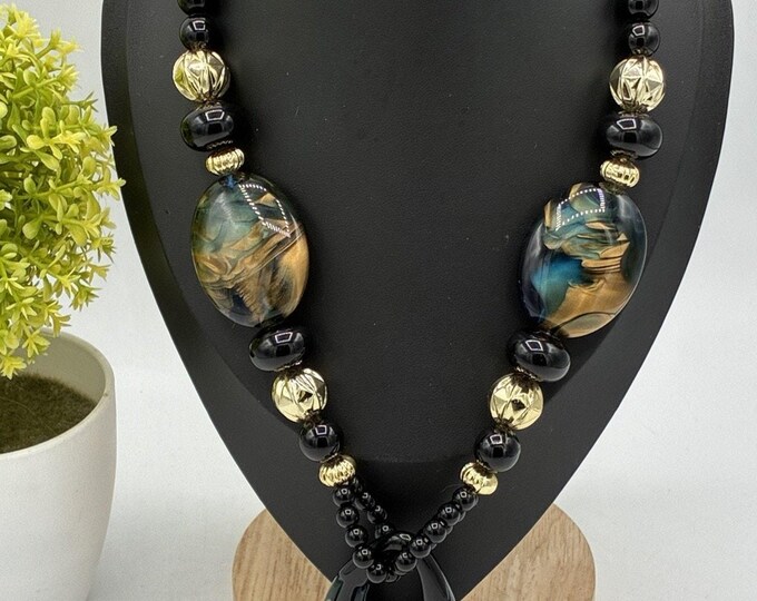 Vintage Style Black Teal Gold Marbled Bead Statement Necklace 23” Chunky