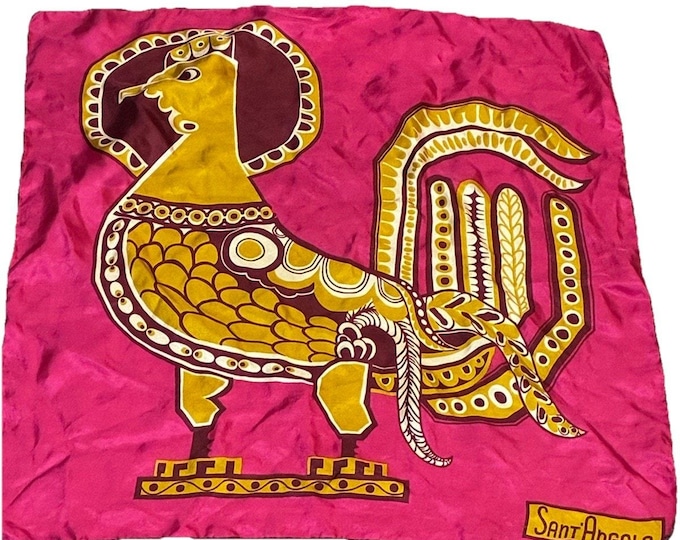 Vintage Sant Angelo Scarf Square Magenta Gold Bird Phoenix Print 22" 1970s
