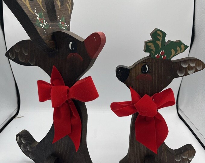 Vtg Rudolph Reindeer Set 2 Shelf Sitter Christmas Decoration Painted Wood 13 11”