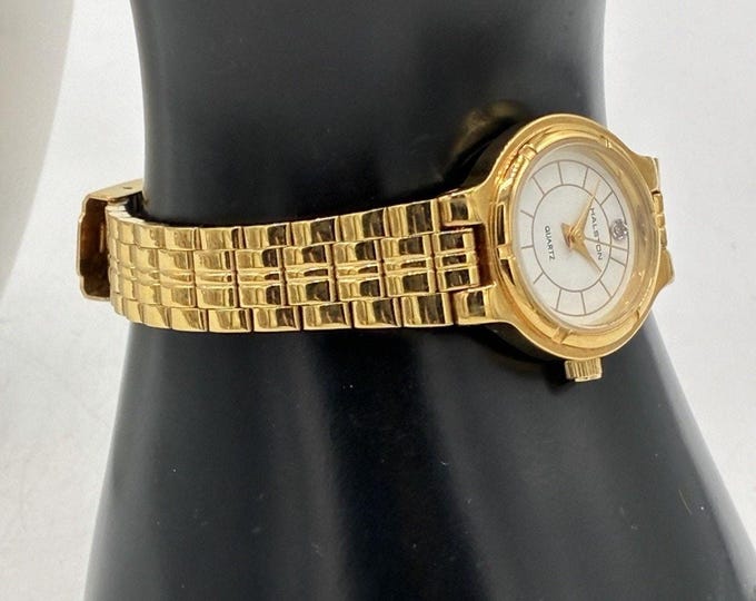 Vintage Halston Ladies Quartz Watch Gold Tone Bracelet Rhinestone Accent
