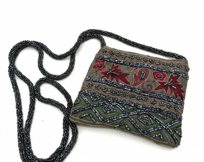 Vtg Beaded & Embroidered Mini Shoulder Bag Black Floral Crossbody Clutch