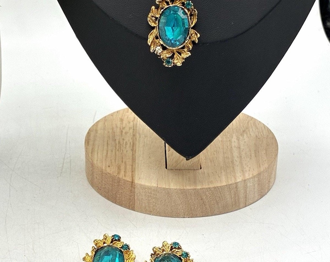 Vintage Teal Blue Rhinestone Gold Leaf Pendant Necklace Earring Set 17 inch