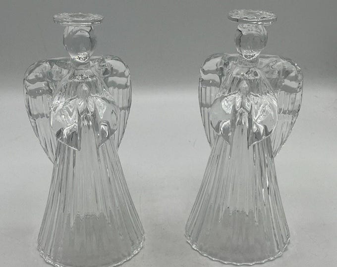 2 Matching Crystal Angel Taper Candleholders Praying Hands Christmas 7.25" Tall