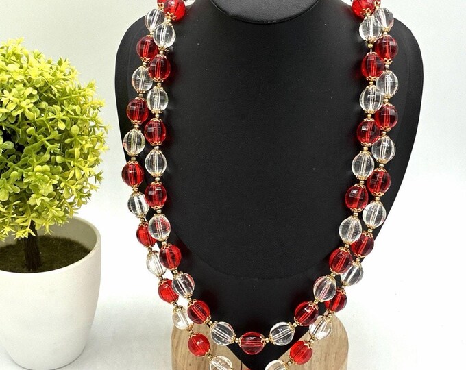 Vintage Japan Red Beaded Necklace 24” Lucite Style Knotted Statement Jewelry