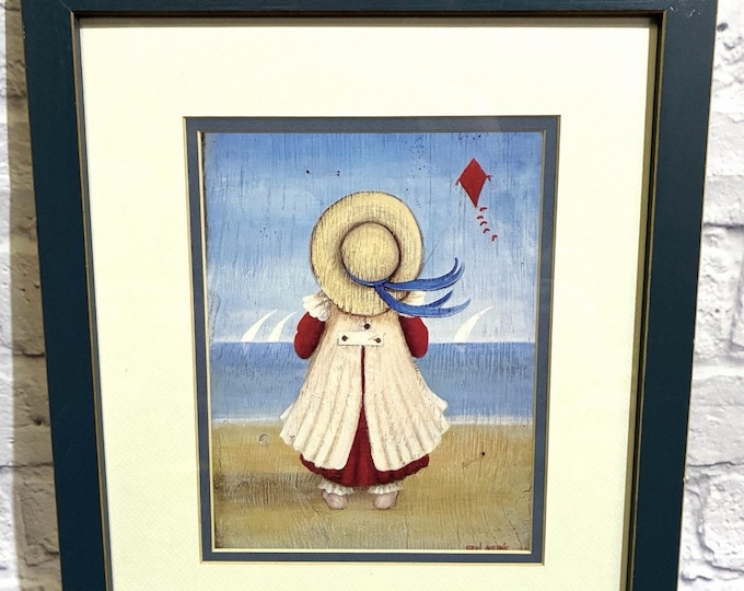 Sean Aherne Girl at Beach Kite Coastal Framed Art Print 12x14.5 Folk Style