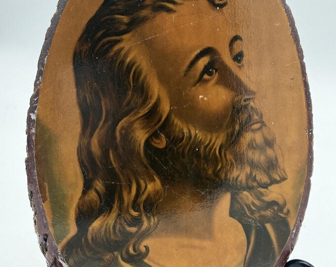 Vintage 1942 SP Co Jesus Christ Wood Slice Art Rustic Inspirational Religious Decor