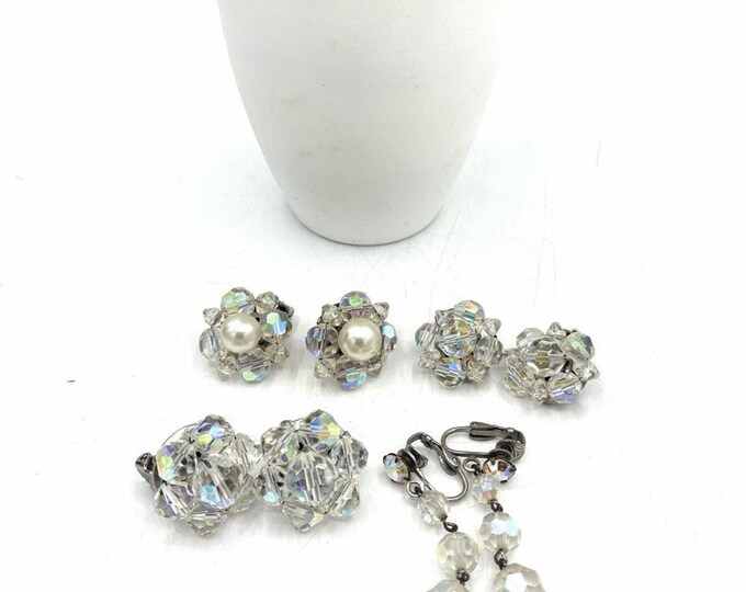 Vintage AB Crystal Clip Earrings Lot 4 Pairs Pearl Cluster Dangle Mid Century