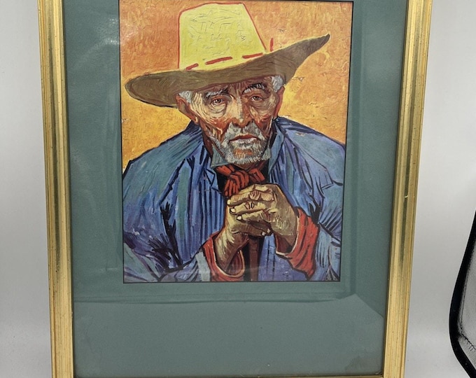 Vtg Framed art Oil painting Vincent Van Gogh Old man Portrait Patience Escalier