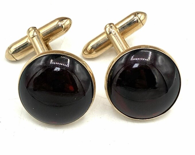 Vintage Swank Cuff Links Dark Garnet Red Round Cabochon Gold Tone Bullet Back