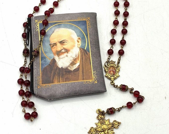 Sacred Heart Jesus Rosary Red Beads Ornate Crucifix Padre Pio Prayer Pouch