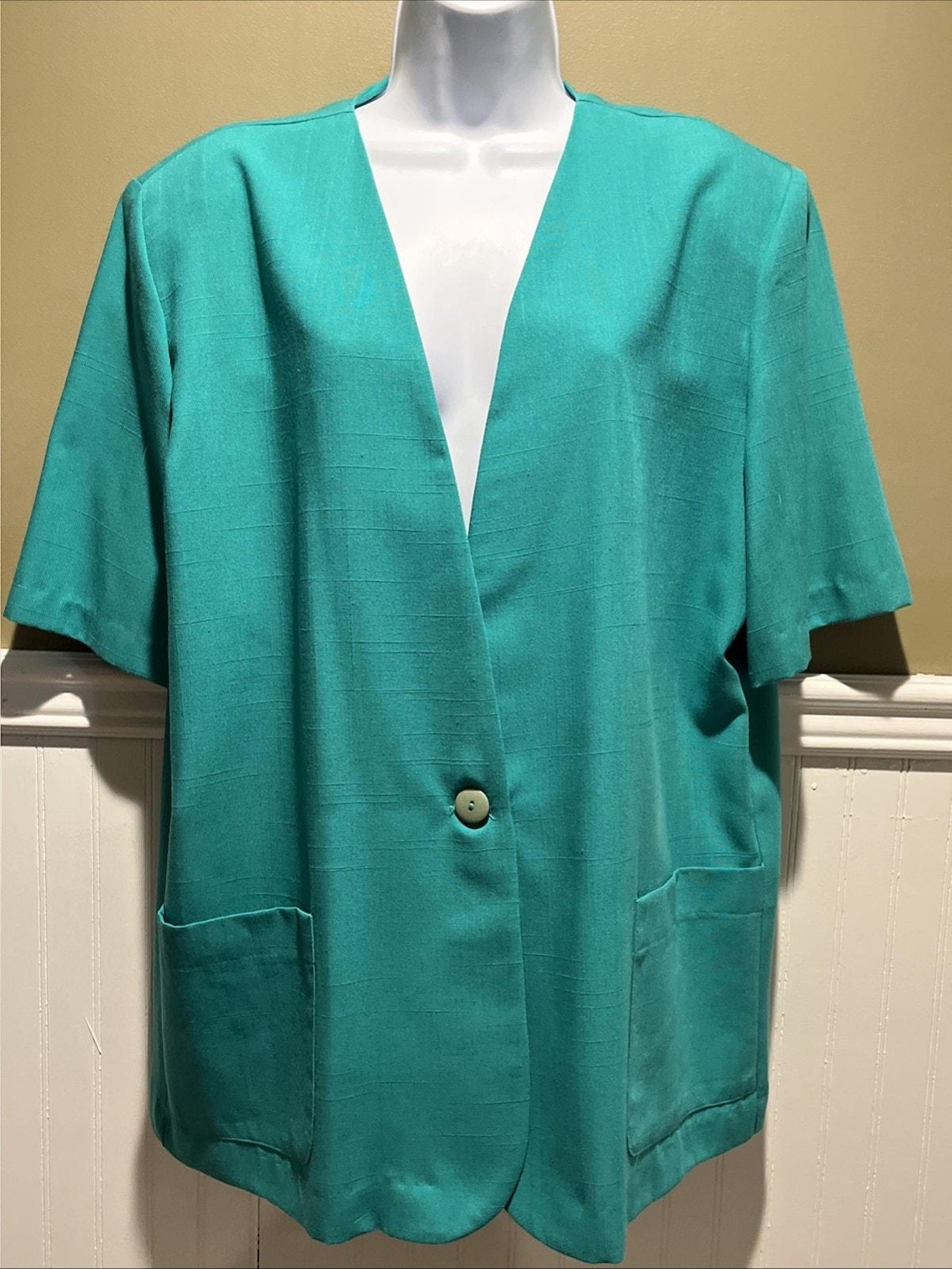 Vintage Claude Green Short Sleeve Blazer Jacket Size 16 Retro 1980s Pockets, Foto 1 von 5