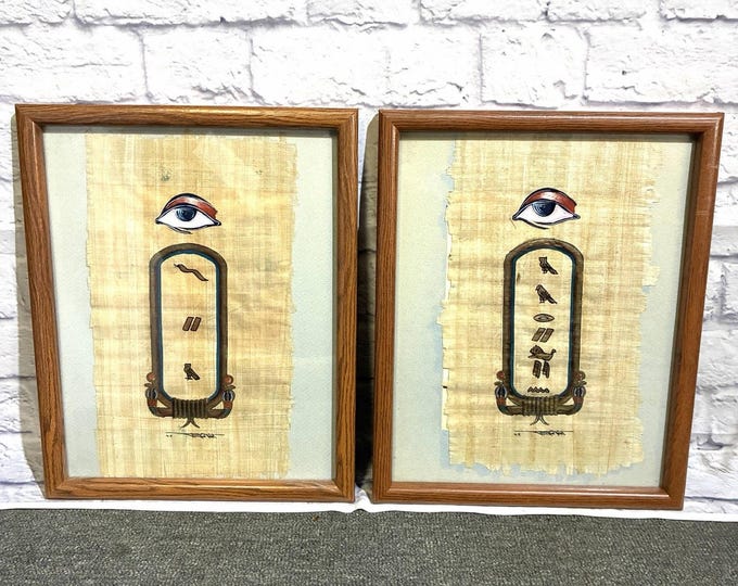 Signed Egyptian Papyrus Paintings Pair Eye of Horus Cartouche Framed 15x12