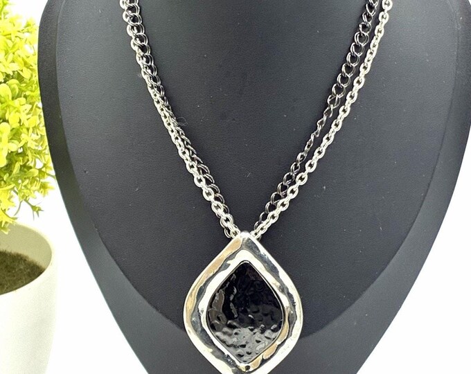 Two Tone Double Chain Necklace Hammered Black Silver Pendant 15” Statement
