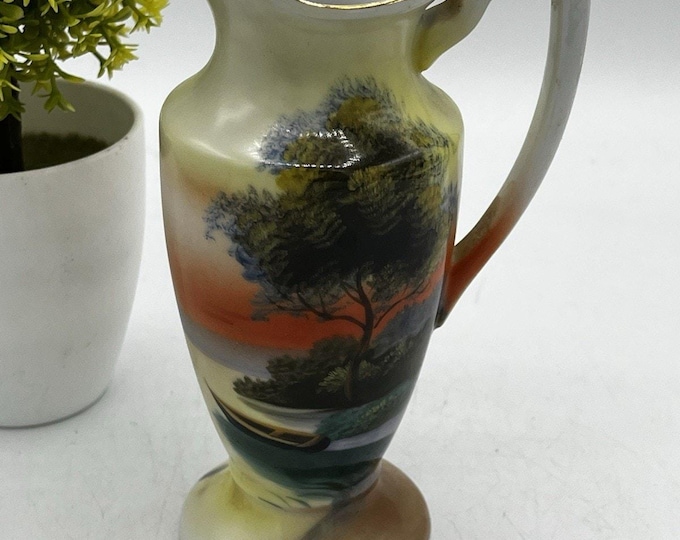 Noritake M Wreath Mark Hand Painted Landscape Miniature Pitcher 1911-1921