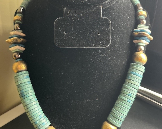 Vintage Southwestern Style Necklace Blue Wood Disc Beads Artisan Statement