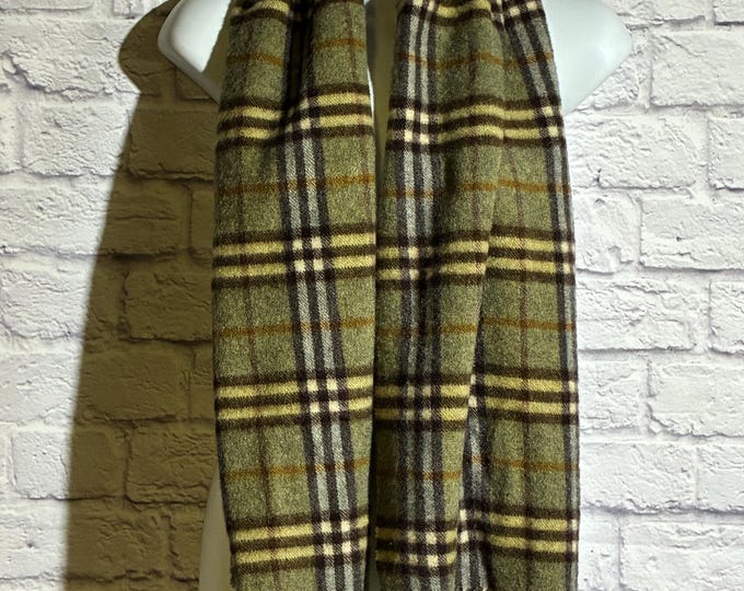 Vintage Burberrys Cashmere Scarf Olive Green Check Fringe Made in England READ