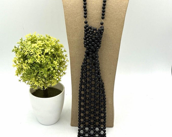 Vintage Hong Kong Black Beaded Necktie Necklace Long Statement 19”