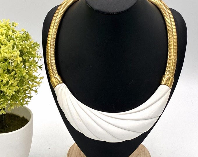 Vintage Monet White Enamel Gold Tone Statement Collar Necklace Sculptural Bib