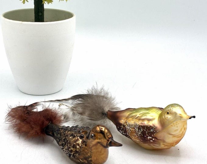 2 Vintage Mercury Glass Bird Ornaments Feather Tail Glitter Christmas No Clips