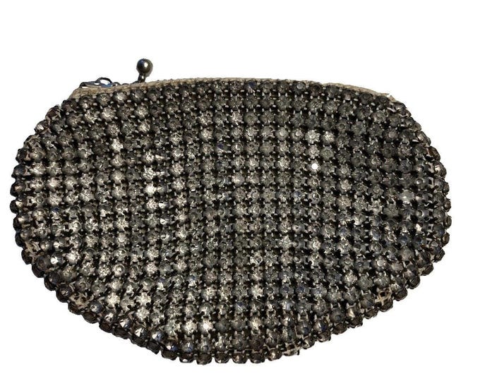 Vintage Czechoslovakia Rhinestone Coin Purse Silver Tone Zip Wallet