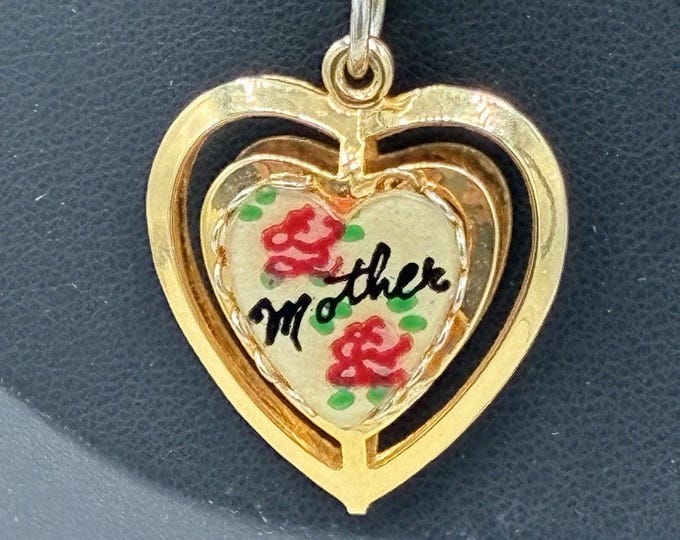 Vintage Gold Tone Mother Heart Reversible Pendant Necklace Roses 18 inch