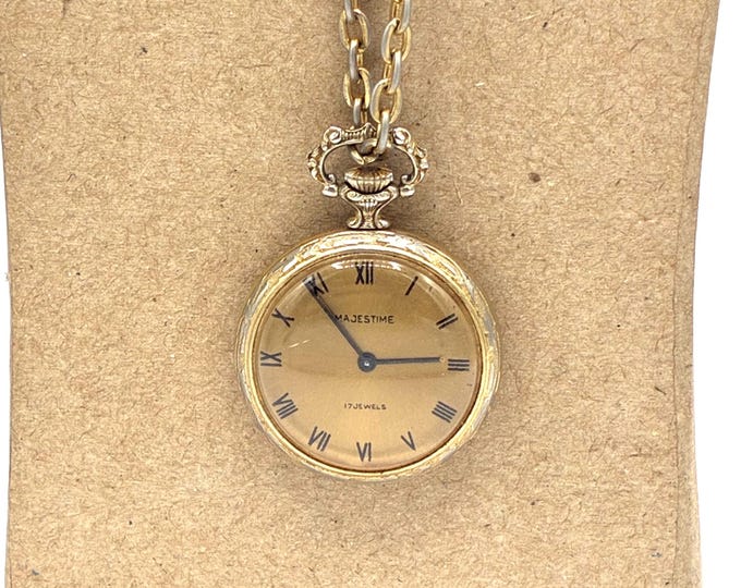Vintage Majestime 17 Jewel Swiss Pendant Pocket Watch Necklace Gold Tone UNTESTED