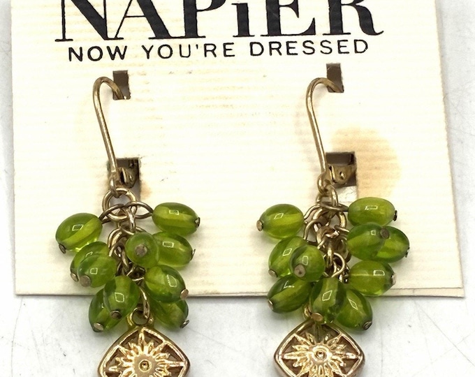 Napier Green Bead Dangle Earrings Gold Tone Original Card Y2K 2004