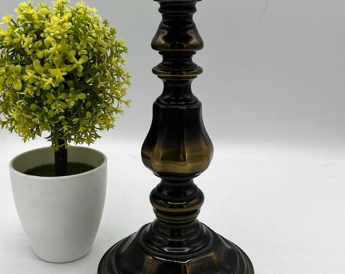 Vintage Brass Candlestick Holder Dark Bronze Gold Accent Baluster Form 9 Inches