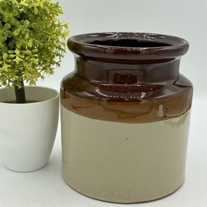 Antique Stoneware Crock 5" Two-Tone Brown Cream Glaze Farmhouse Pottery