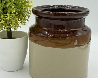 Antique Stoneware Crock 5" Two-Tone Brown Cream Glaze Farmhouse Pottery
