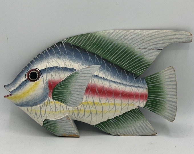 Carved Painted Wooden Angel Fish Figurine Both Sides Painted 7"h Indonesia READ