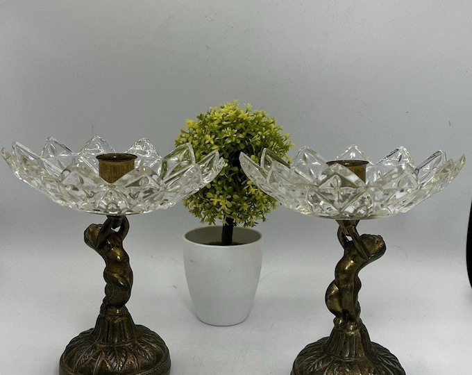 Pair Hollywood Regency Cut Glass Brass Cherub Candlesticks 6.5” VTG