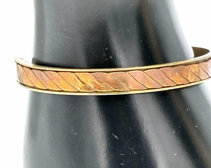 Vintage Copper Leaf Inlay Brass Cuff Bracelet Boho Artisan Oxidized