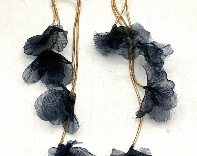 Vintage Dangle Earrings Black Fabric Petals Gold-Tone Snake Chain
