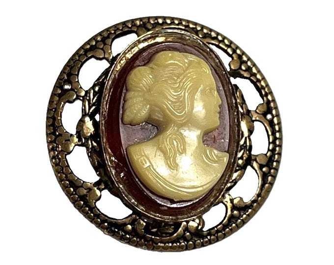 Vintage Mini Cameo Brooch Filigree Frame Victorian Style Lady Portrait