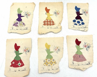 Juego de 6 tarjetas de arte popular vintage hechas a mano con niña con sombrero de sol y apliques de tela.