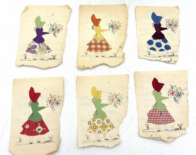 Vintage Handmade Sunbonnet Girl Folk Art Cards Set 6 Fabric Applique Ephemera