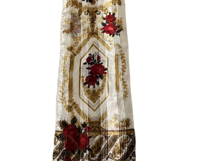 Vintage Ivory Red Rose Gold Semi Sheer Rectangle Scarf 10x52