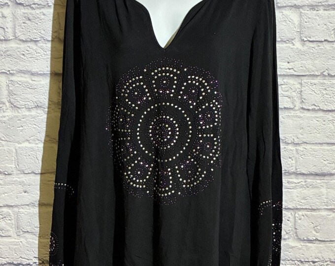INC Black Rhinestone Mandala Tunic Top – Women’s XL – Boho Sparkle Shirt