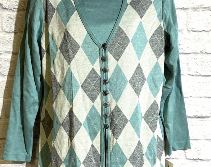 Vintage Alfred Dunner Petite M Argyle Faux Layered Cardigan Sweater Top NWT