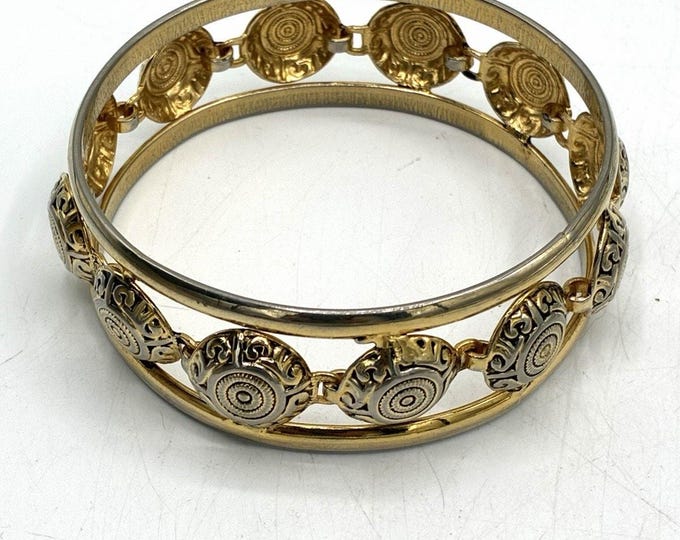 Vintage Two Tone Gold Silver Medallion Bangle Bracelet Scrollwork Ornate