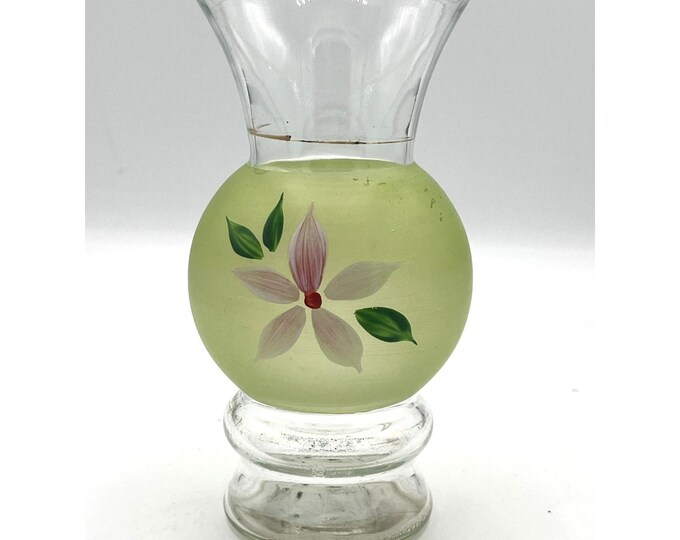 Bartlett Collins Greeen Frosted Glass Bud Vase Hand Painted Pink Floral Mid Century 6"